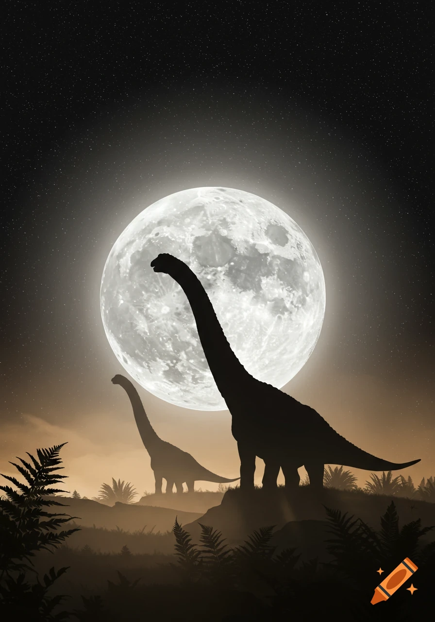 Silhouettes of two long-necked dinosaurs against a large full moon in a starry night sky with foreground foliage.