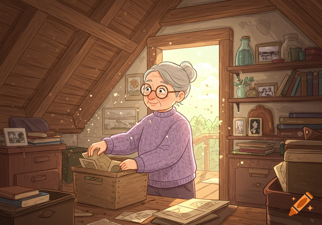 Cartoon drawing of an elderly woman with glasses organizing a box of items in a dusty attic with wooden beams and shelves.