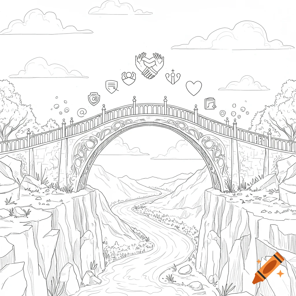 Line art illustration of an ornate stone bridge connecting two cliffs over a river, with symbolic icons floating above.