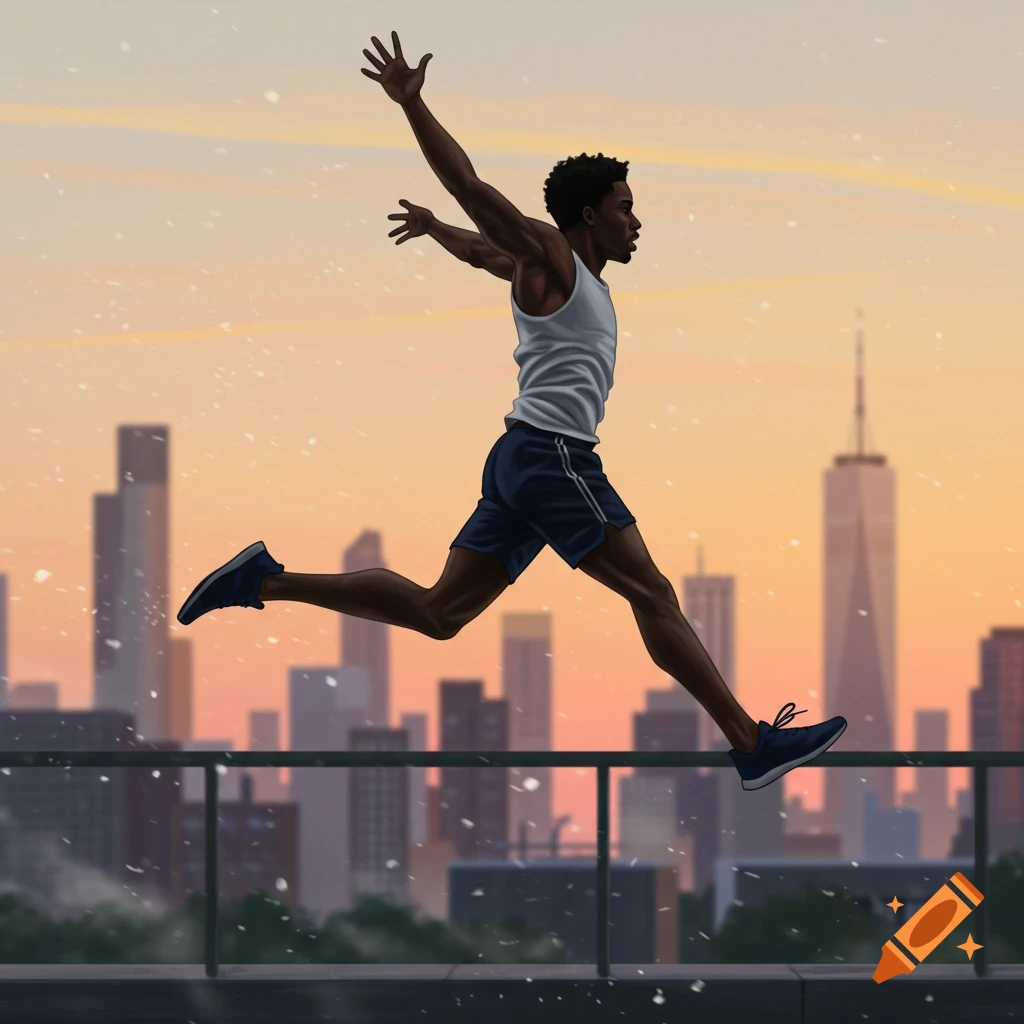 An athletic man jumps in front of a city skyline at sunset, light particles in the air, digital art.
