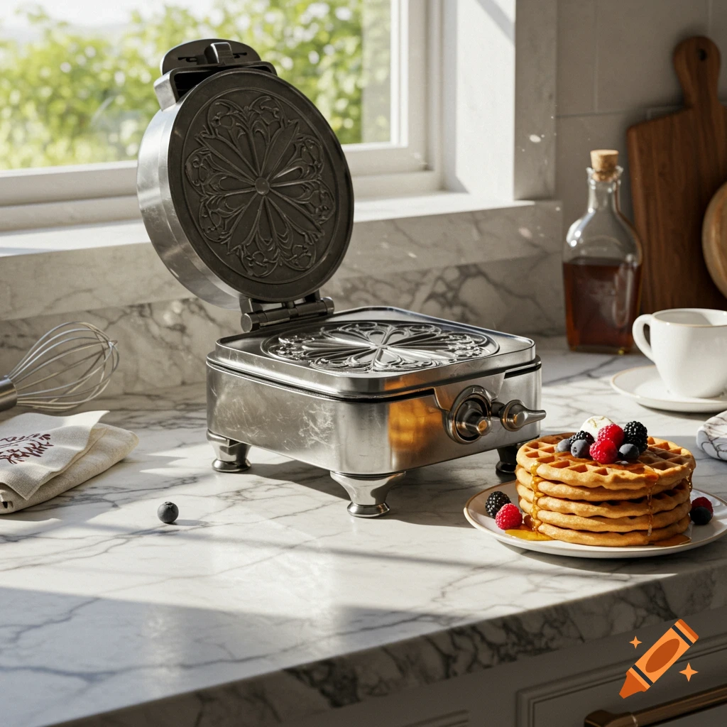 A vintage-style waffle maker sits open on a marble kitchen counter next to a plate of waffles topped with berries and syrup, bathed in sunlight.