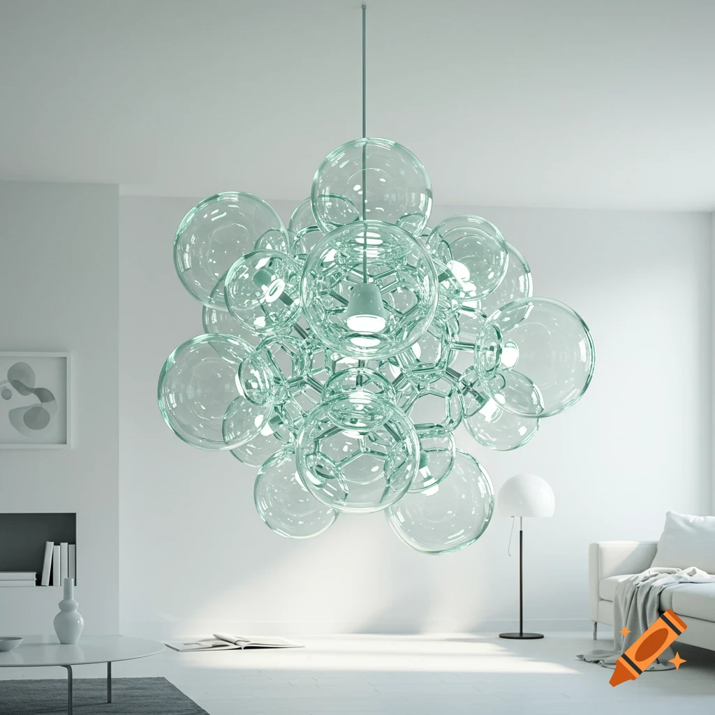 A large, clear bubble-like chandelier hangs in a bright, modern minimalist room with white walls, a sofa, and a coffee table.