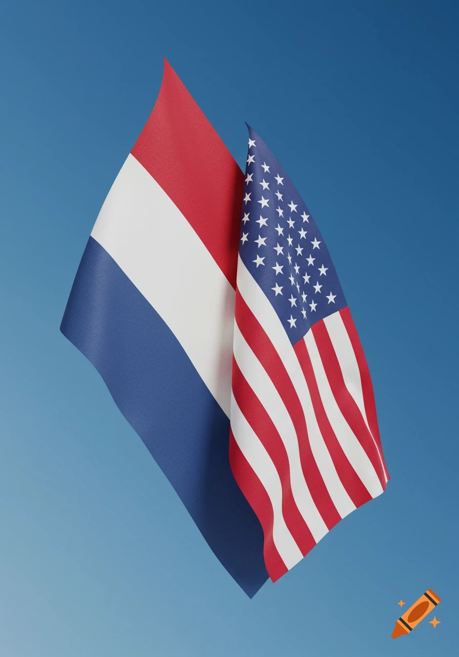 The Dutch flag partially overlapping the American flag, both waving against a clear blue sky.