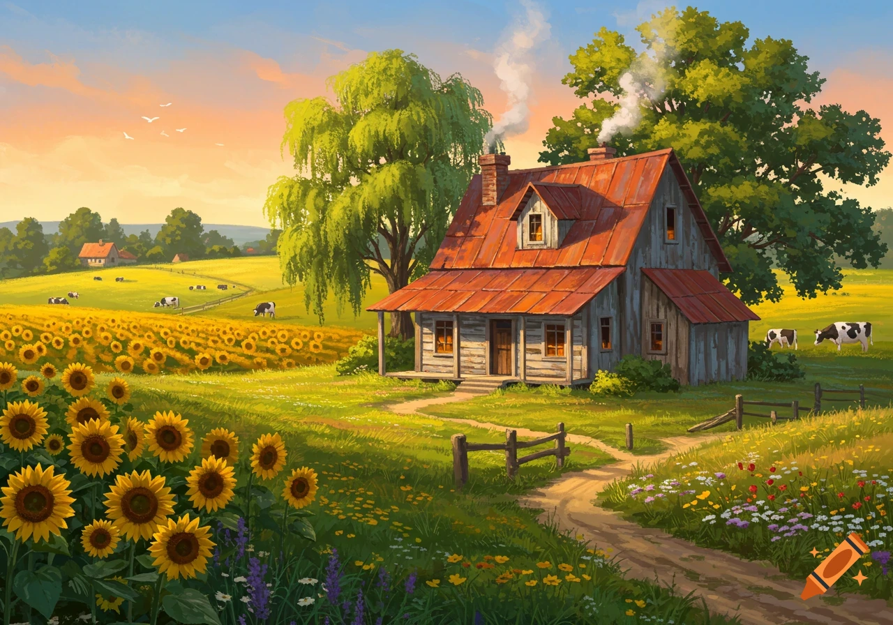 A colorful digital painting of a rustic farmhouse amidst a vibrant sunflower field with cows grazing in the background under a warm sky.