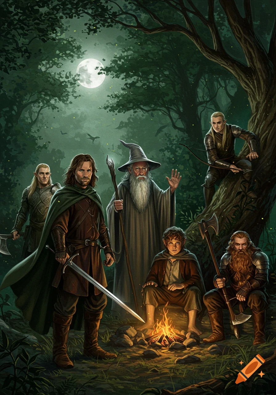Illustrated fantasy art of the Fellowship of the Ring around a campfire in a dark forest under a full moon.