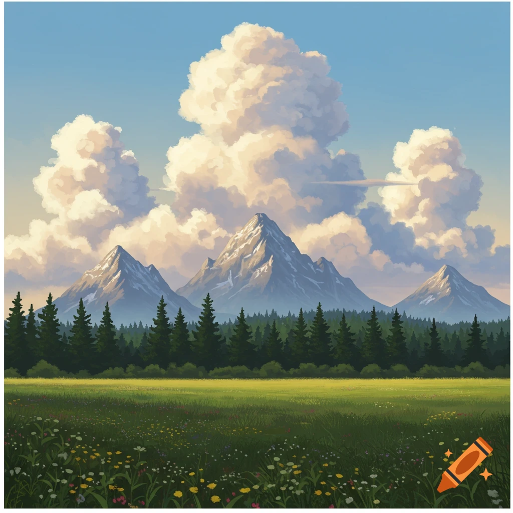 A scenic landscape with a green meadow, a dense forest, snow-capped mountains, and large cumulus clouds under a blue sky.