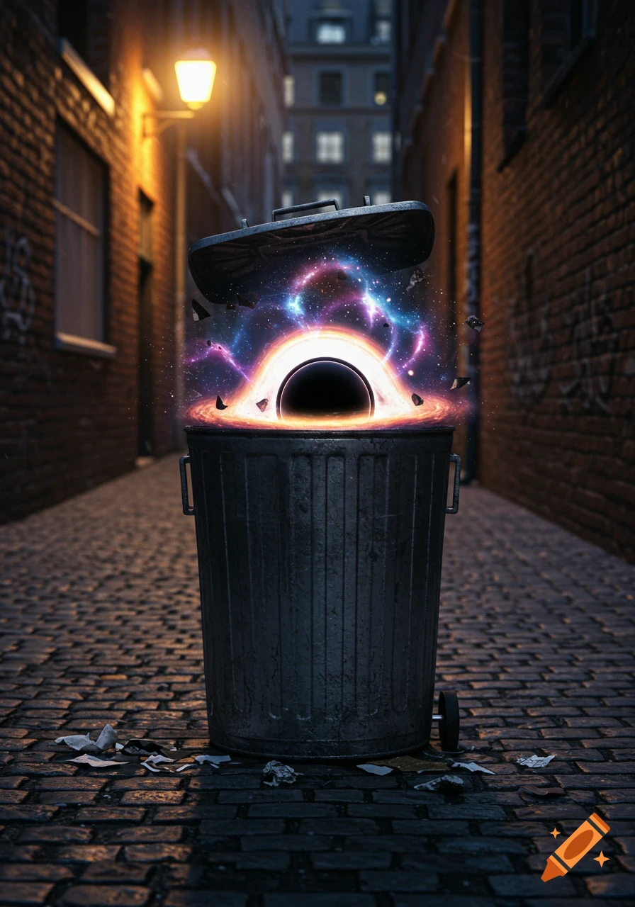A glowing, colorful black hole with cosmic energy erupts from an open garbage can in a dark, brick alleyway lit by a street lamp.