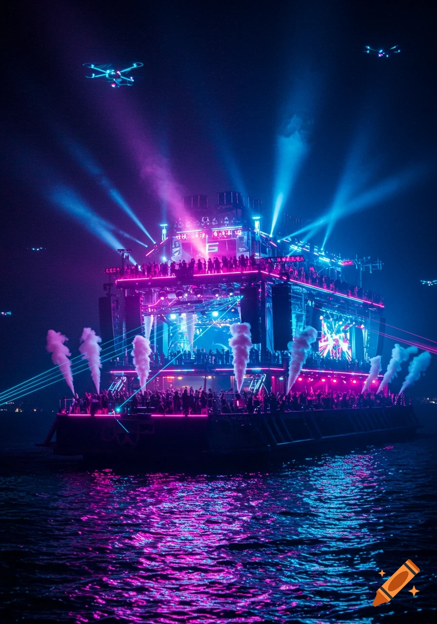 A vibrant techno rave takes place on a large barge at night, lit by bright pink and blue laser lights, with drones flying overhead. Smoke plumes rise from the boat, and the water reflects the neon glow.