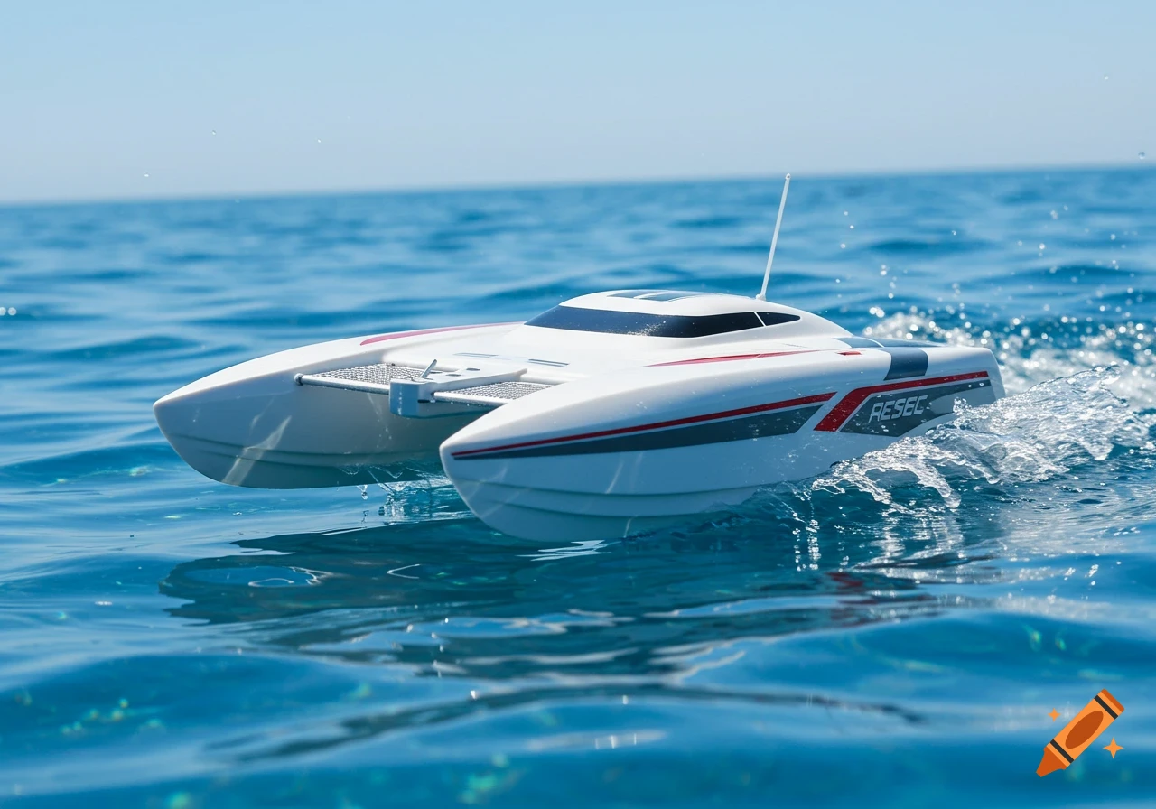 A white remote control catamaran boat with red and gray stripes speeds across blue water, leaving a wake.