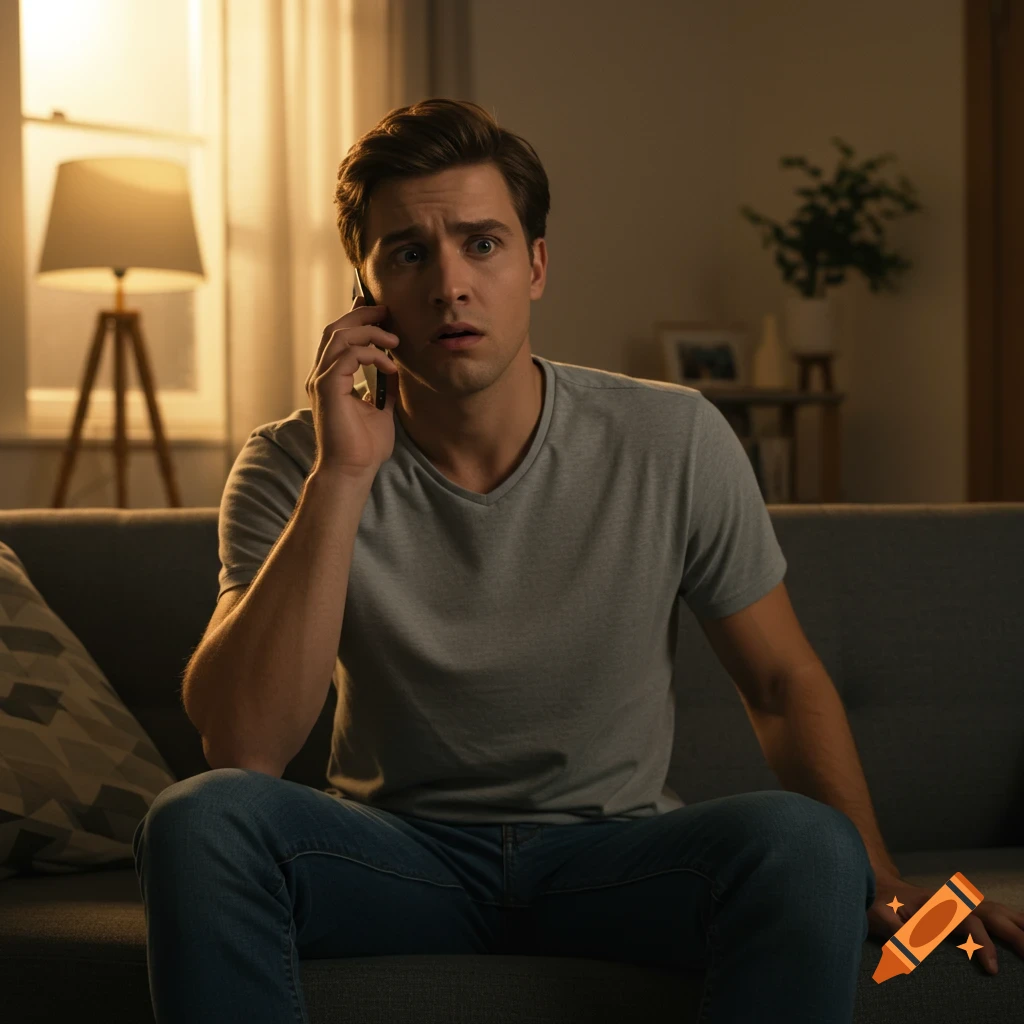 A young man with a surprised expression sits on a living room couch, holding a smartphone to his ear in warm lighting.