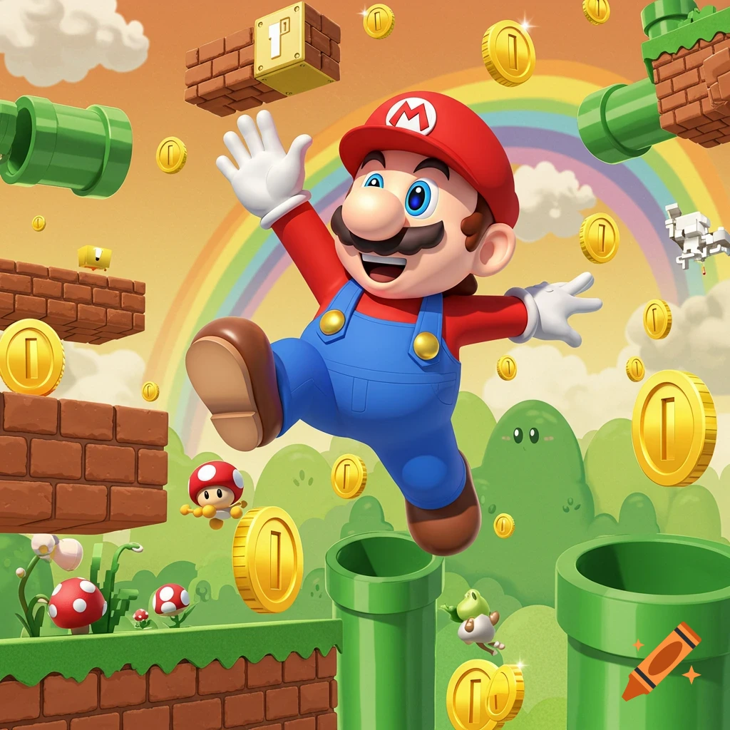Mario jumping in a colorful, cartoonish video game landscape with coins, mushrooms, and pipes.