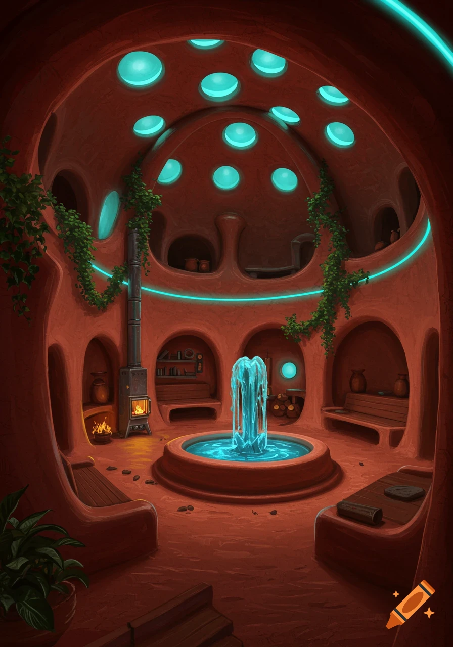 A surreal, cozy earthen dome house interior with a glowing blue fountain, fireplace, built-in benches, and turquoise ceiling lights.