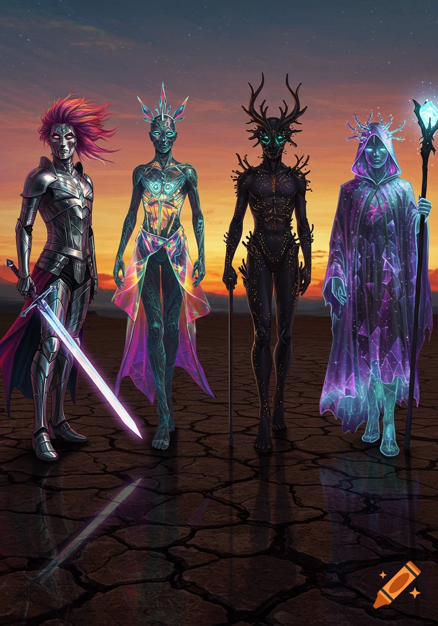 Four fantastical figures, armored, glowing, horned, and robed, stand on cracked earth against a sunset sky.