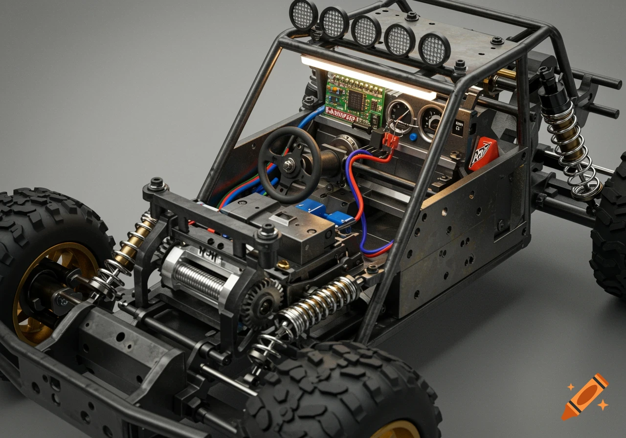 Close-up, detailed view of the exposed chassis and internal components of an RC buggy or slot car, with a steering wheel and circuit board visible.