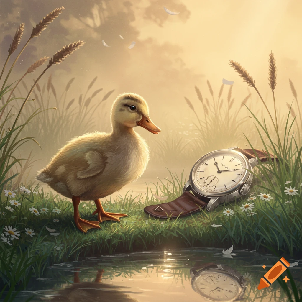 A yellow duckling stands beside a large wrist watch on the grassy bank of a pond, illuminated by a warm, golden light.