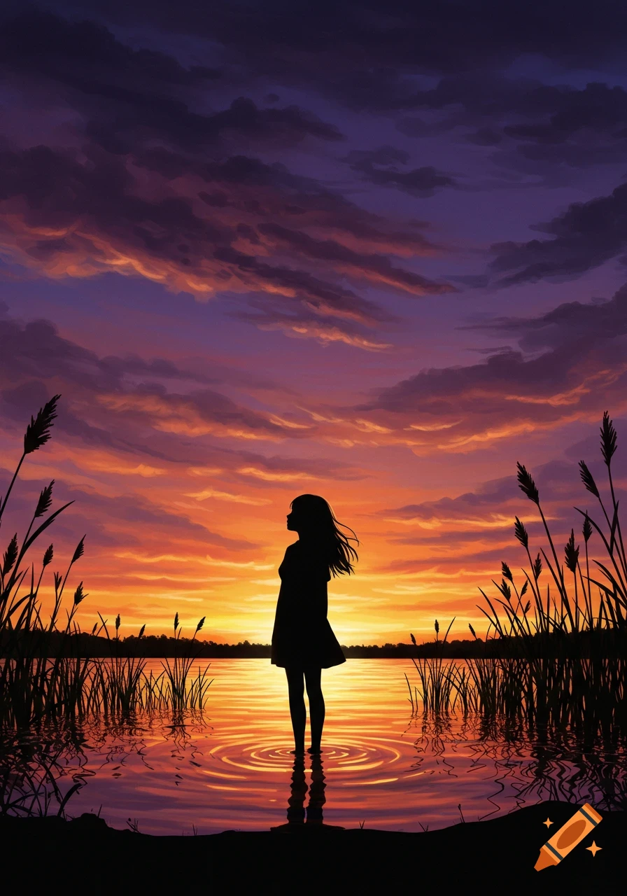 A girl's silhouette stands in water with ripples during a vibrant orange and purple sunset, surrounded by tall reeds.