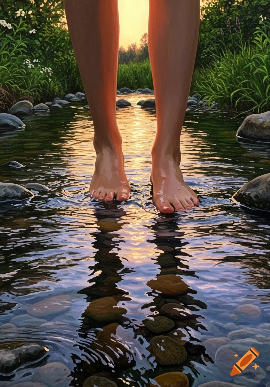 Bare feet standing in a shallow stream with reflections of a sunset sky.