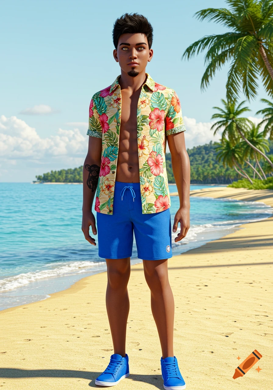 A young, muscly man with dark hair, a short beard, and golden eyes stands on a sandy beach wearing an open floral Hawaiian shirt, blue shorts, and blue trainers. Palm trees and the ocean are in the background. The man has a monkey tattoo on his left arm.