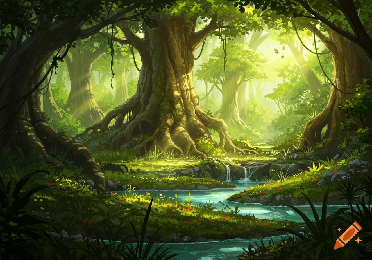 Vibrant illustrated jungle with giant sunlit trees, a flowing stream, and green undergrowth.