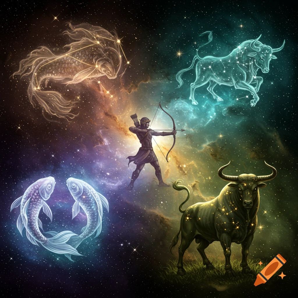 Zodiac constellations including two Pisces fish, a glowing Taurus bull, and a Sagittarius archer, set against a vibrant starry galaxy.