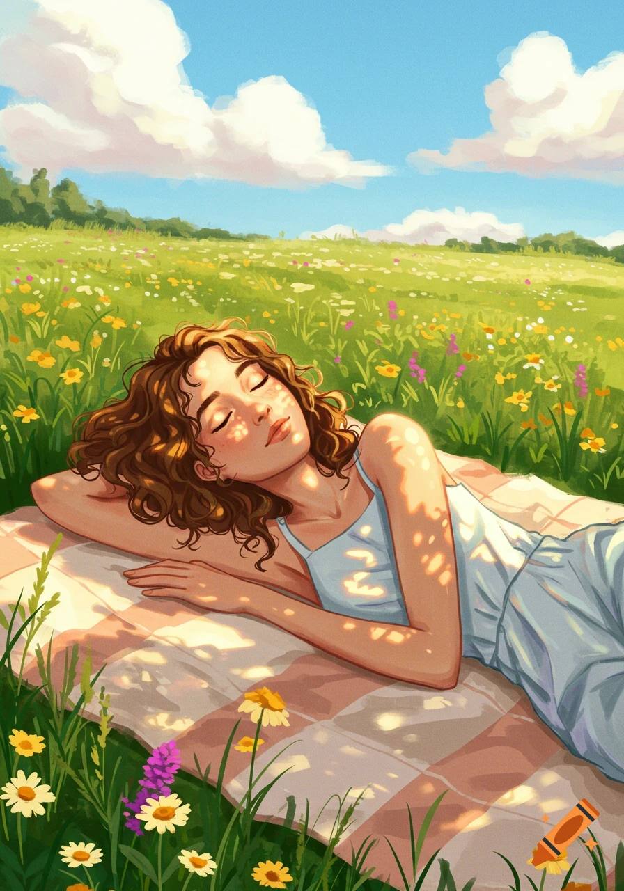An illustrated girl with curly hair lies on a blanket in a sunny meadow filled with wildflowers, eyes closed.