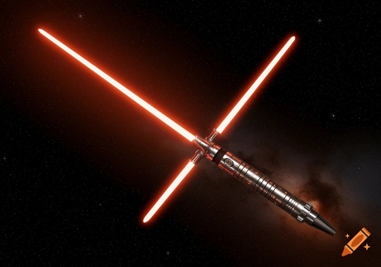 A crossguard lightsaber with glowing red-orange blades angled against a starry night sky background.