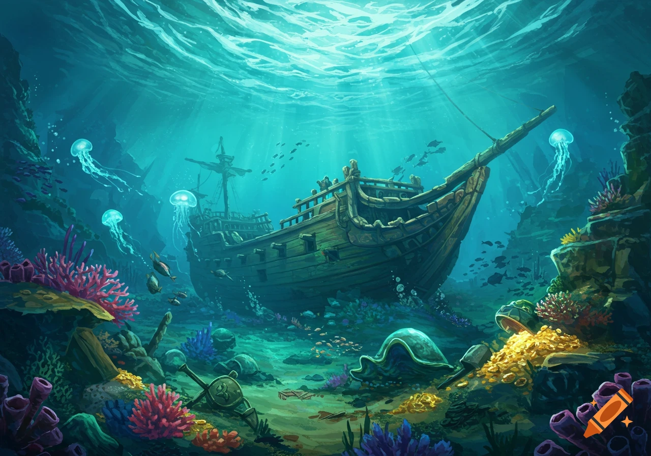 A vibrant underwater scene with a sunken wooden pirate ship, colorful coral, glowing jellyfish, and scattered gold coins, illuminated by surface light.