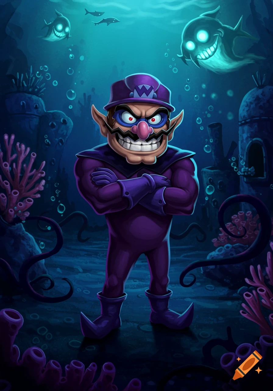 An evil-looking character in a purple suit, resembling Waluigi or Wario, stands underwater with glowing, ghostly fish and coral around him.