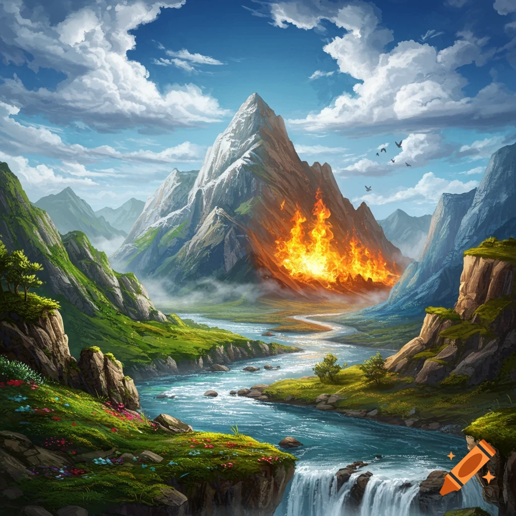 A vibrant fantasy landscape depicting a burning mountain, a winding river, and a waterfall under a cloudy sky.