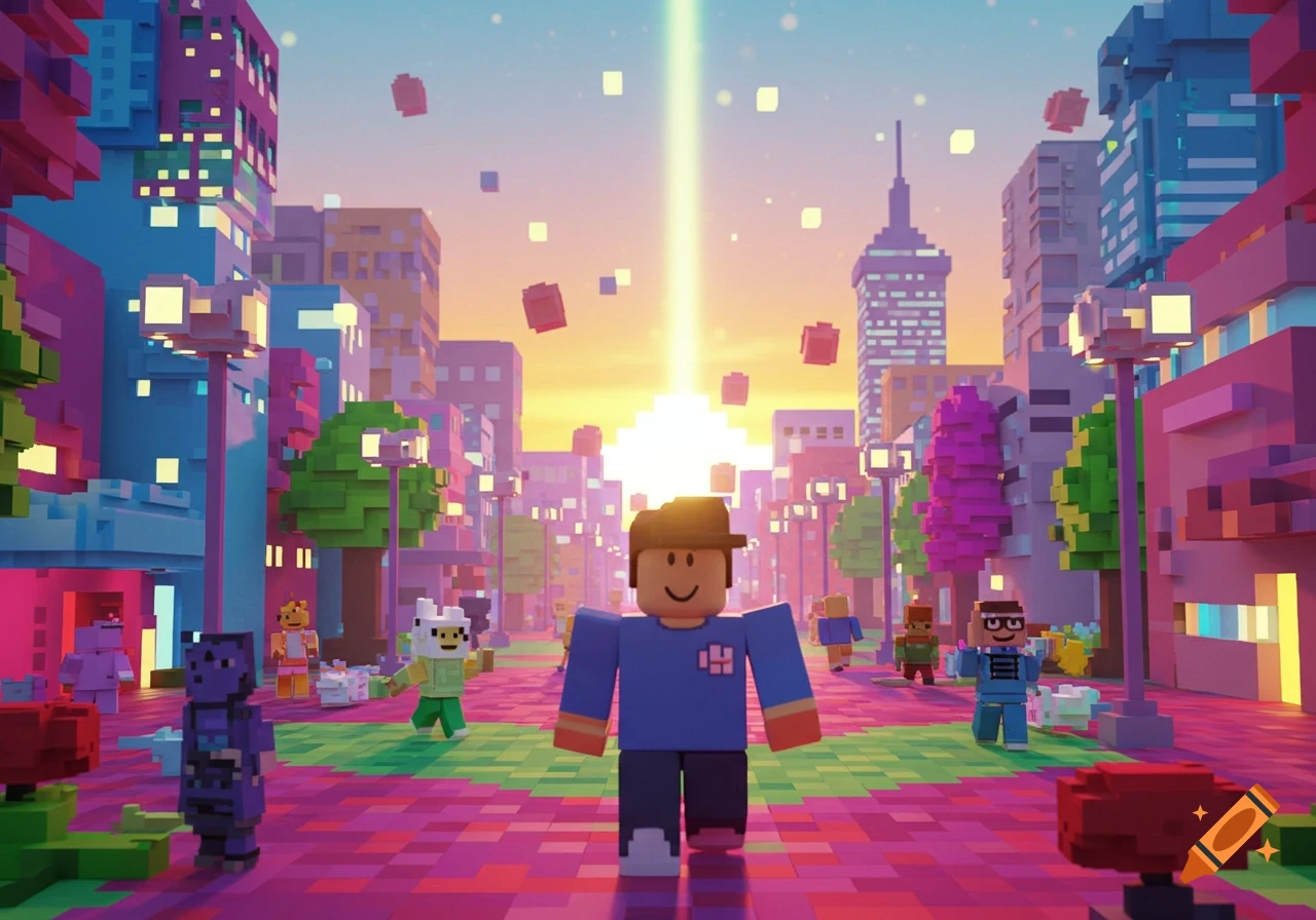 A smiling Roblox-style character stands in a vibrant blocky cityscape with floating cubes and a light beam.