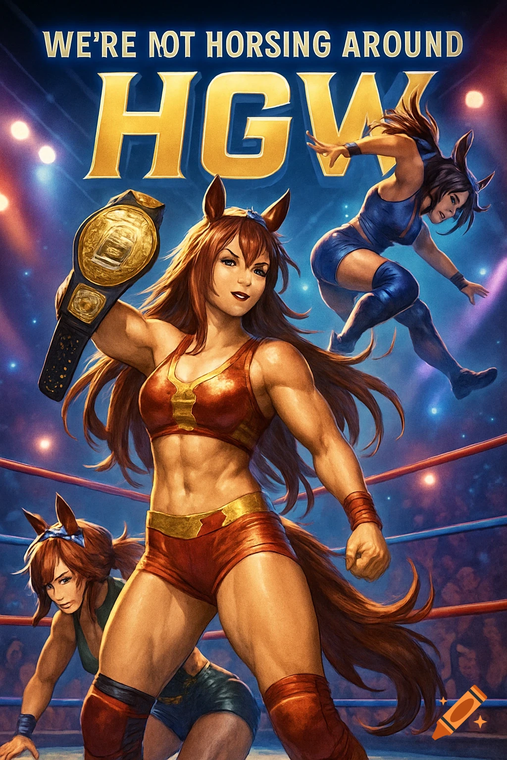 Anime-style poster of three muscular 'horse girl' wrestlers in a ring, one holding a championship belt, with the text 'WE'RE NOT HORSING AROUND HGW'.