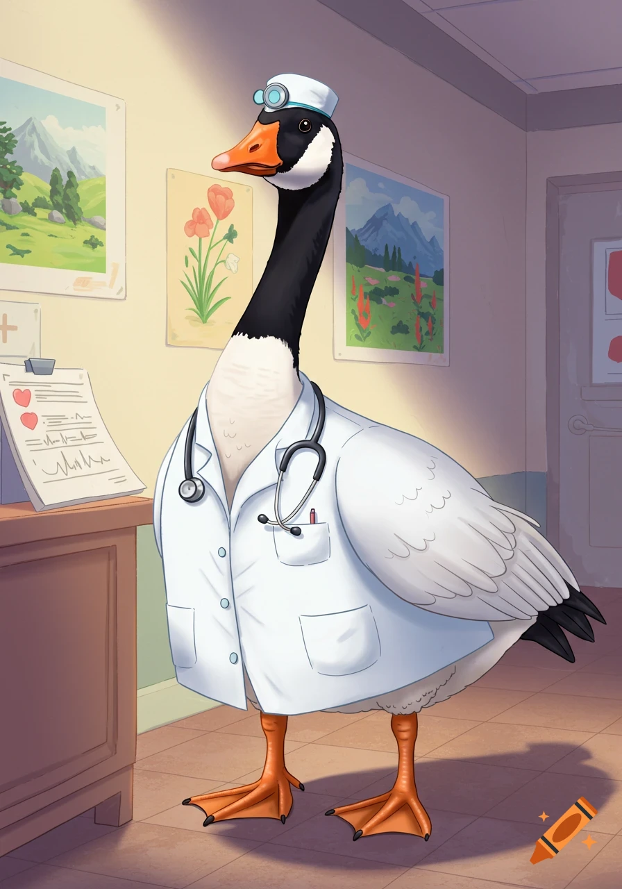 A cartoon Canadian goose dressed as a medical doctor stands in a doctor's office.