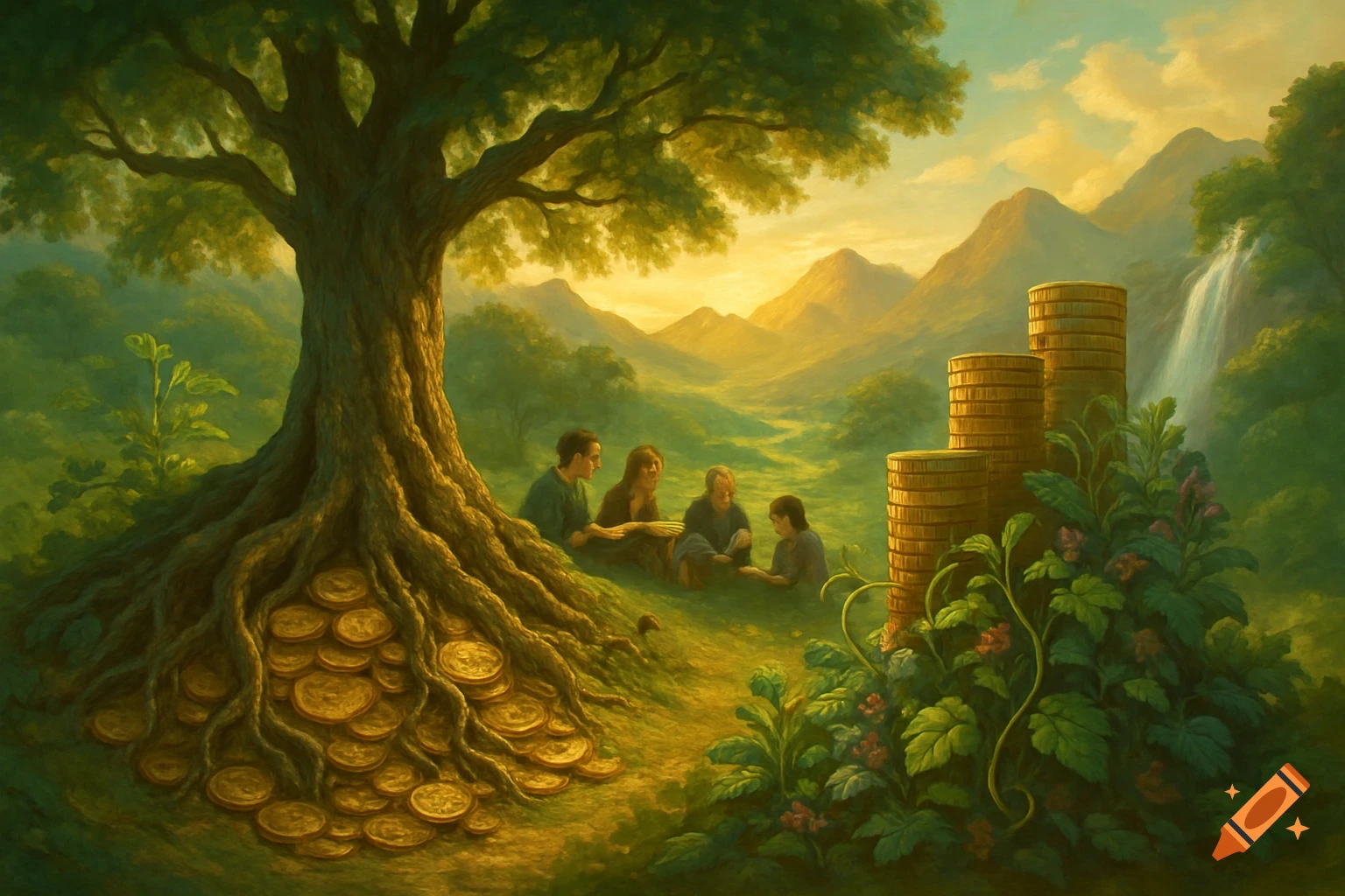 A stylized painting depicts a lush green landscape with a large tree whose roots cradle a pile of gold coins.