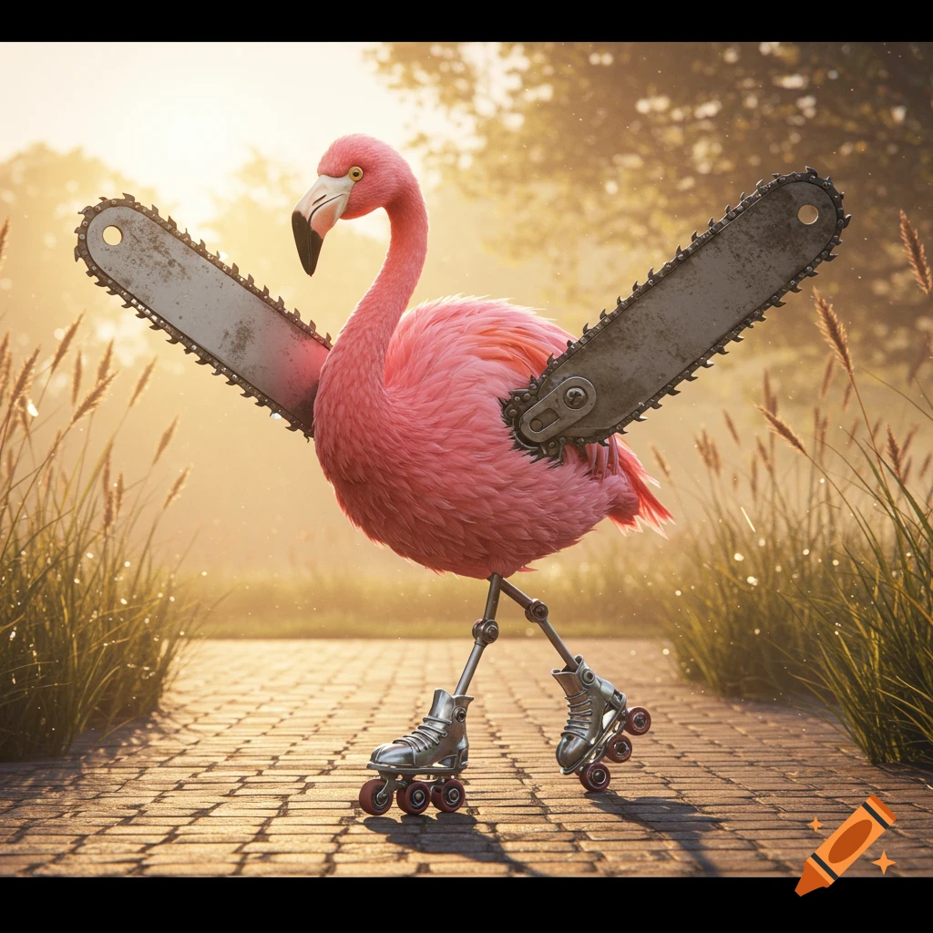 A pink flamingo with chainsaw blades for wings and rollerblades on its feet stands on a cobblestone path in a sunny, misty field.