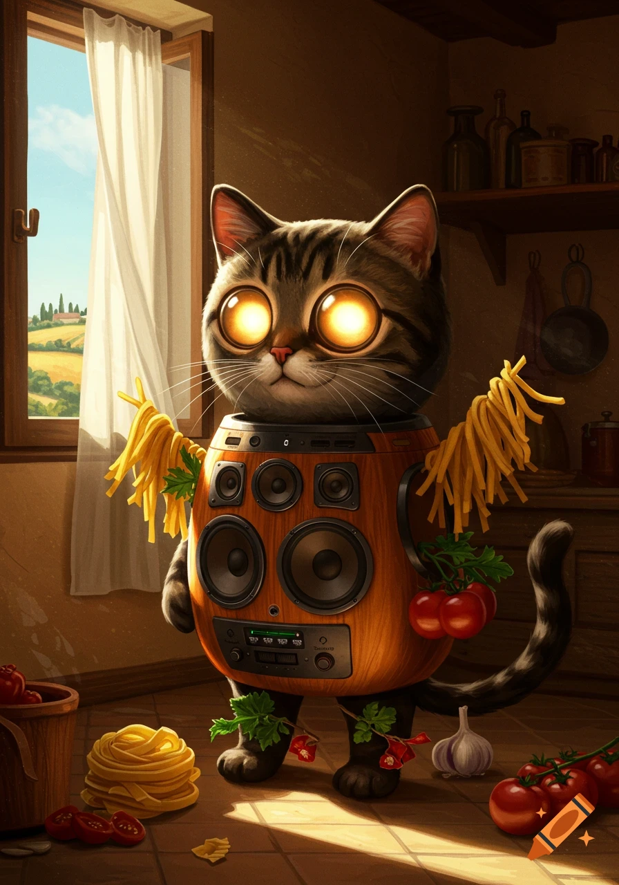 A surreal tabby cat with glowing eyes, its body a wooden speaker, adorned with pasta and tomatoes, stands in an Italian kitchen.
