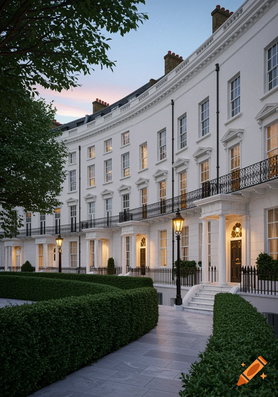 Photorealistic image of a curved white Georgian townhouse terrace with black wrought-iron balconies and warm streetlights at dusk.