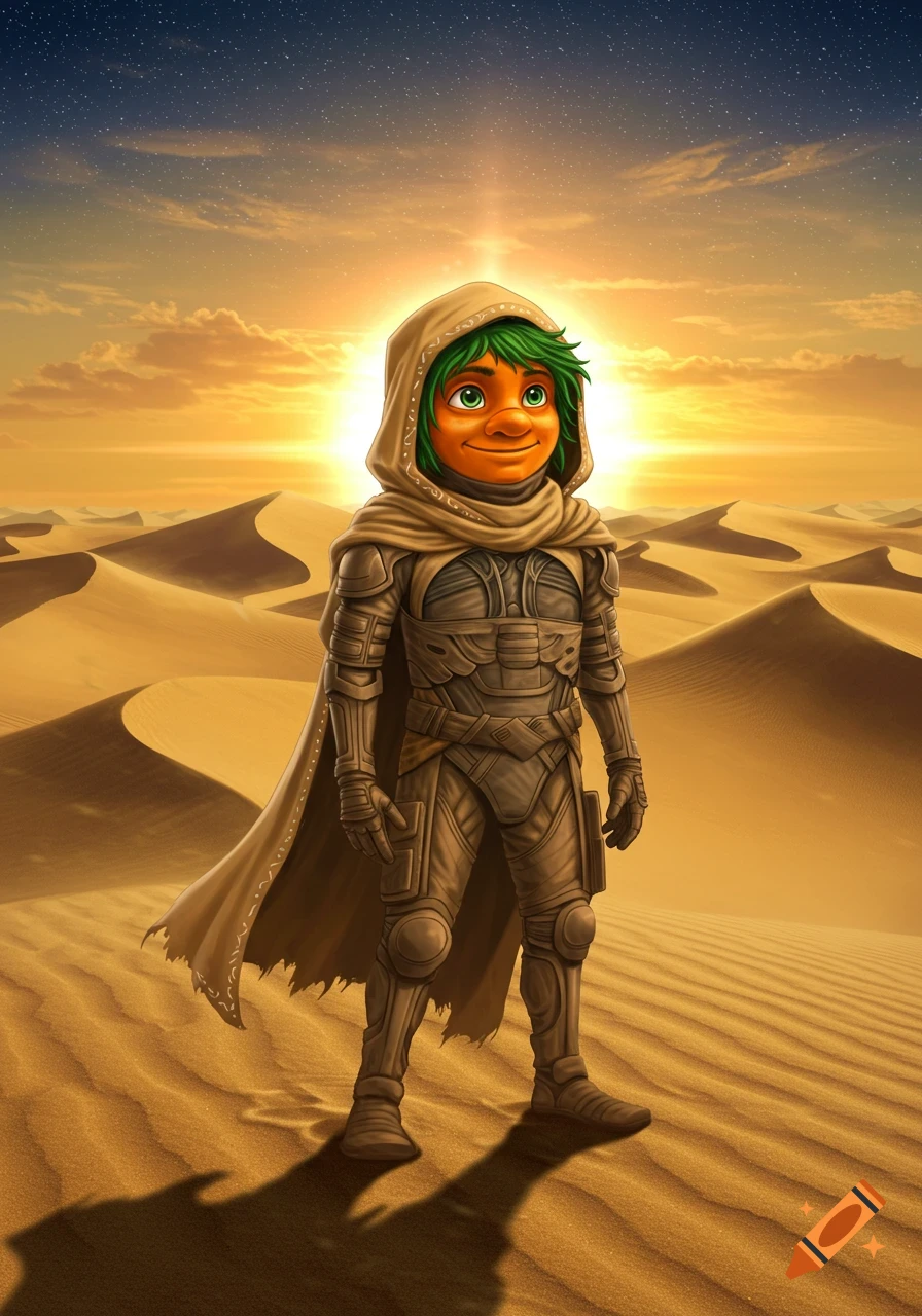 A cartoonish character with green hair and orange skin, wearing a hooded robe and armor, stands in a vast desert at sunset.