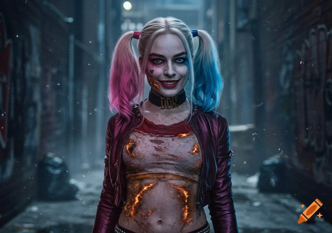 Harley Quinn with pink and blue pigtails, burnt face and body scars, smiling in a dark alleyway.