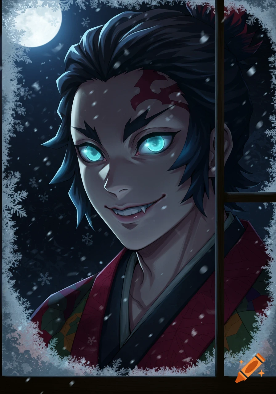 A menacing anime character with glowing blue eyes and fangs peers through a snowy window at night.