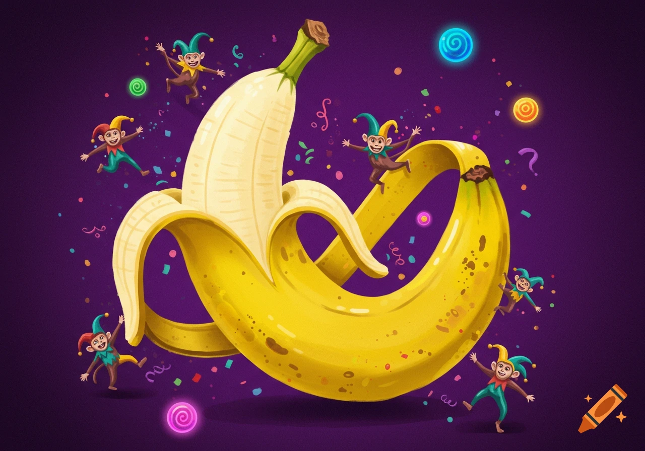 Cartoon monkey jesters play around a looped banana with confetti and glowing orbs on a purple background.