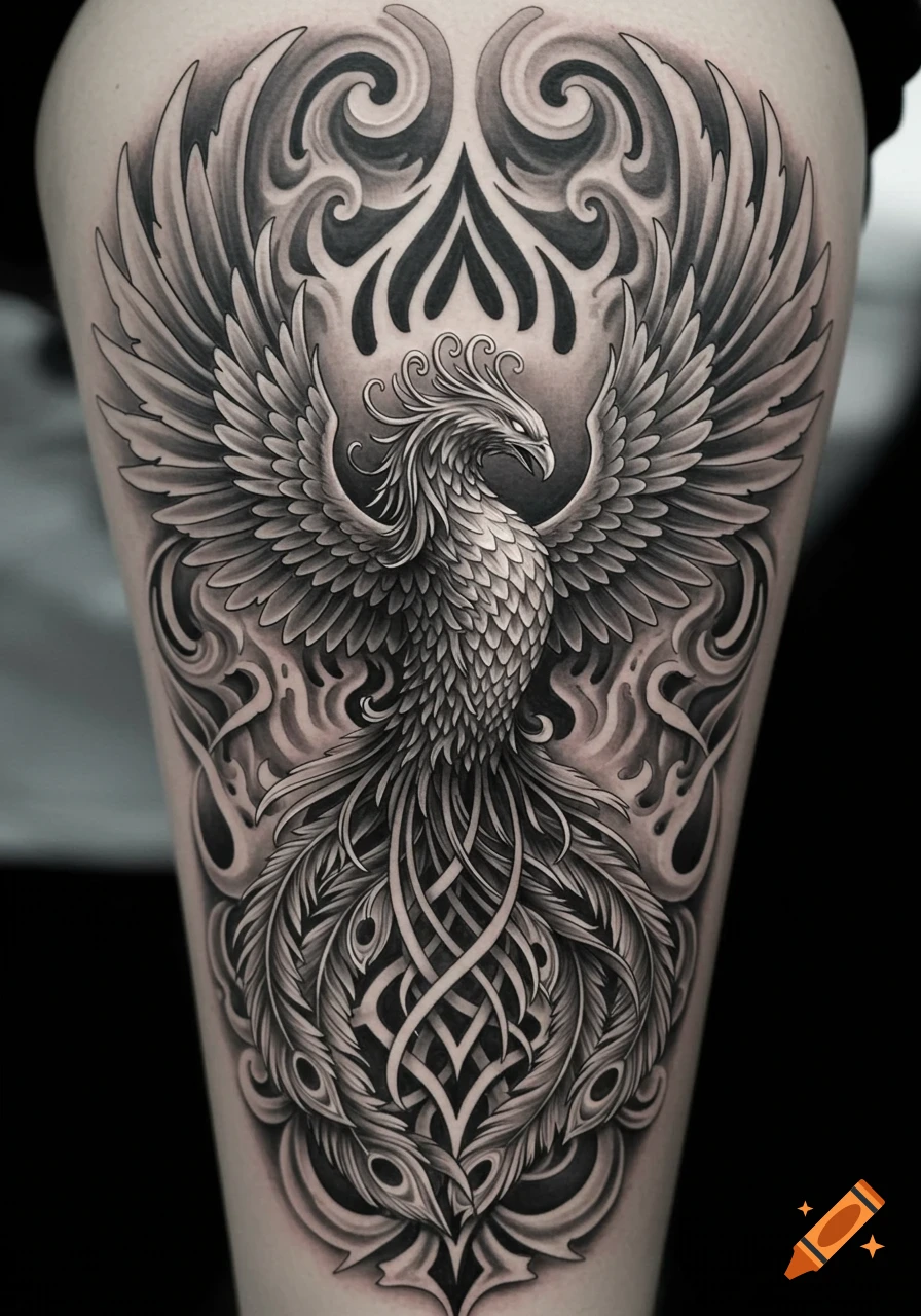 Detailed black and grey tattoo of a phoenix with outstretched wings and intricate tail feathers on a person's leg.