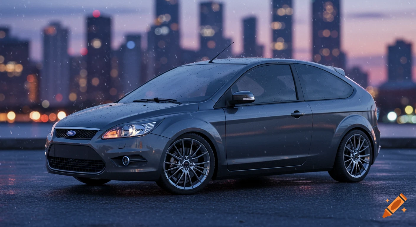 A grey 2009 Ford Focus hatchback parked on a wet road in the rain at dusk, with blurred city skyscrapers in the background.