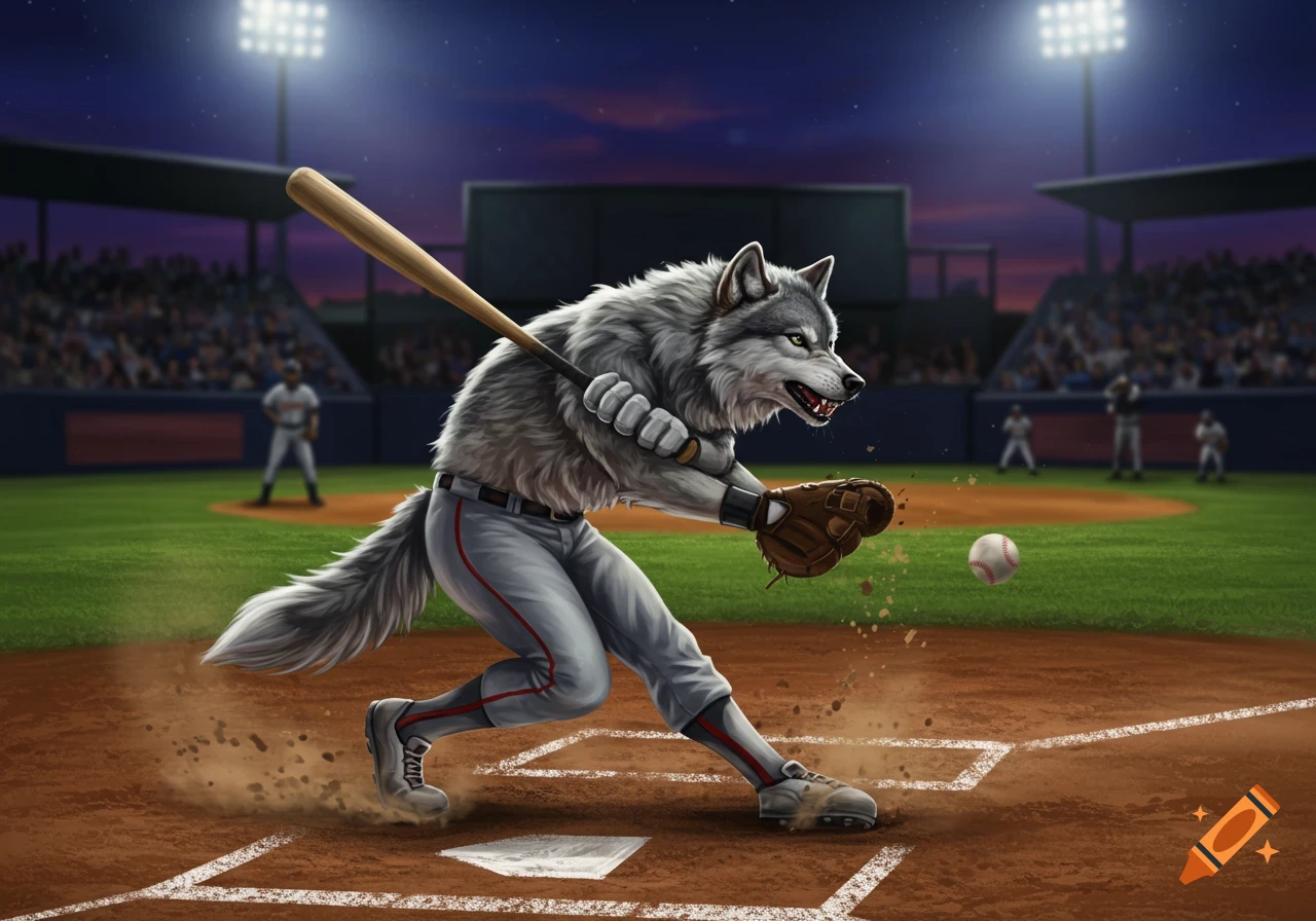 An anthropomorphic grey wolf in a baseball uniform prepares to hit a baseball on a lit stadium at night.