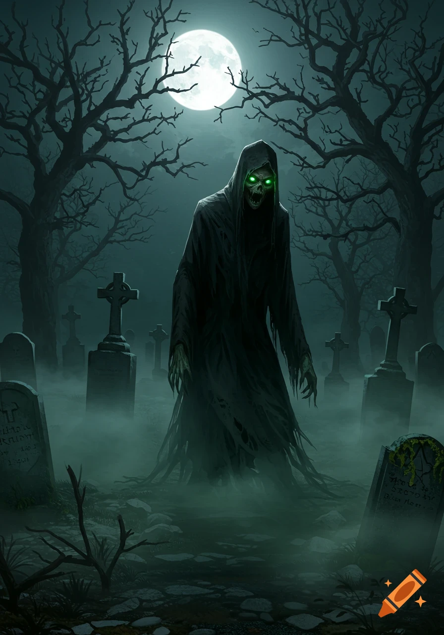A dark, ominous ghoul with glowing green eyes and ragged robes stands in a misty graveyard under a bright full moon, with bare trees.