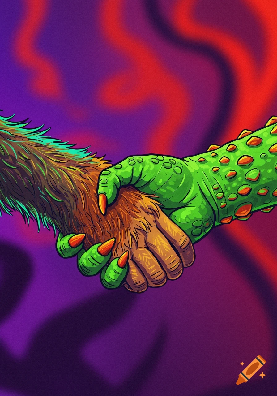 A cartoon image of a brown hairy monkey hand shaking a green scaly crocodile hand against a vibrant purple and red background.