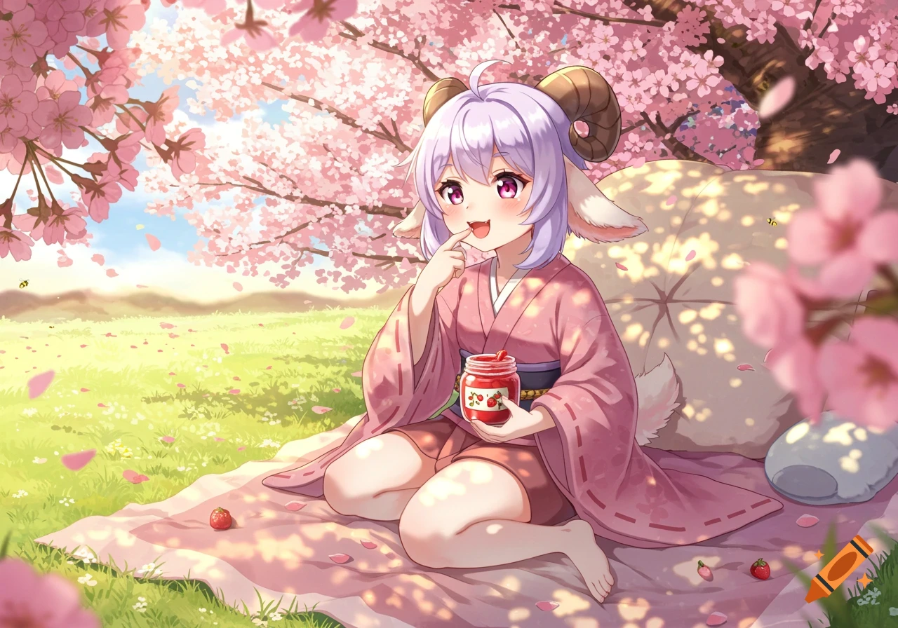 An anime goat girl with purple hair sits on a pink blanket under cherry blossoms, holding a jar of jam and eating.