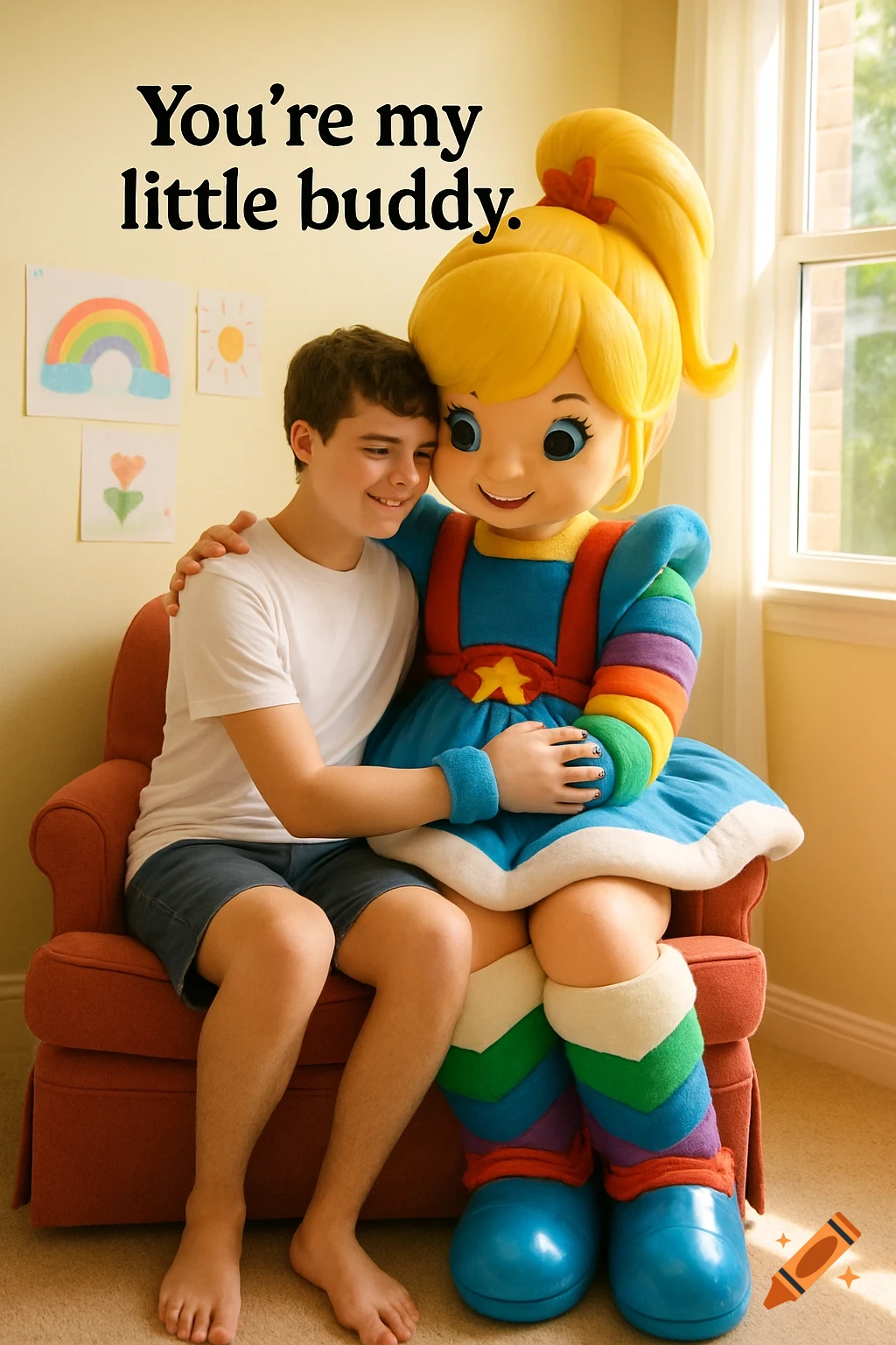 A teenage boy smiles as he hugs the Rainbow Brite mascot on a chair, with 'You're my little buddy' text on the wall.