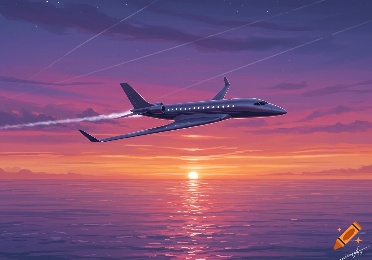 A dark private jet flies low over a calm ocean at sunset, with purple and orange skies.