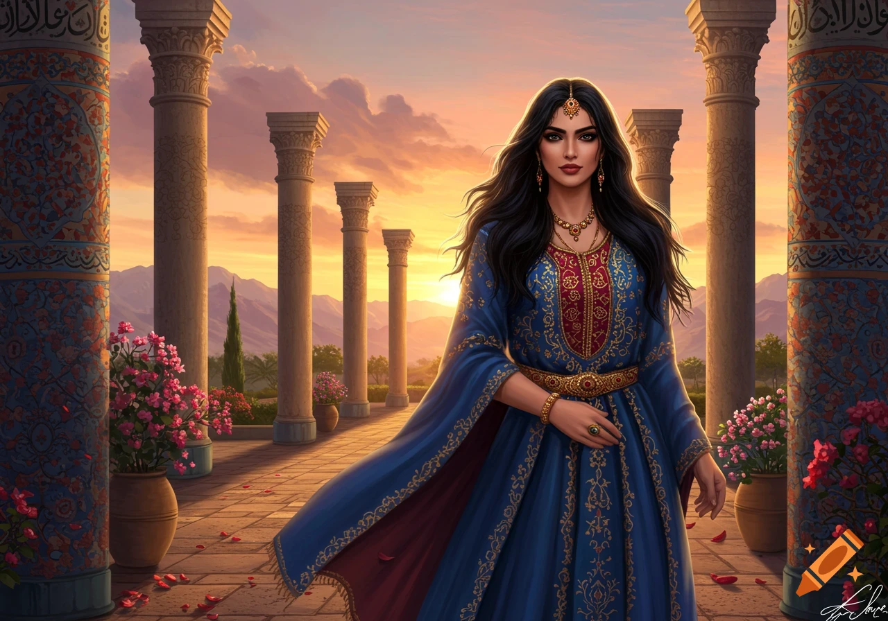 A strong young Persian woman with long dark hair, adorned in a blue and red embroidered dress, stands among ornate pillars at sunset with mountains in the background.