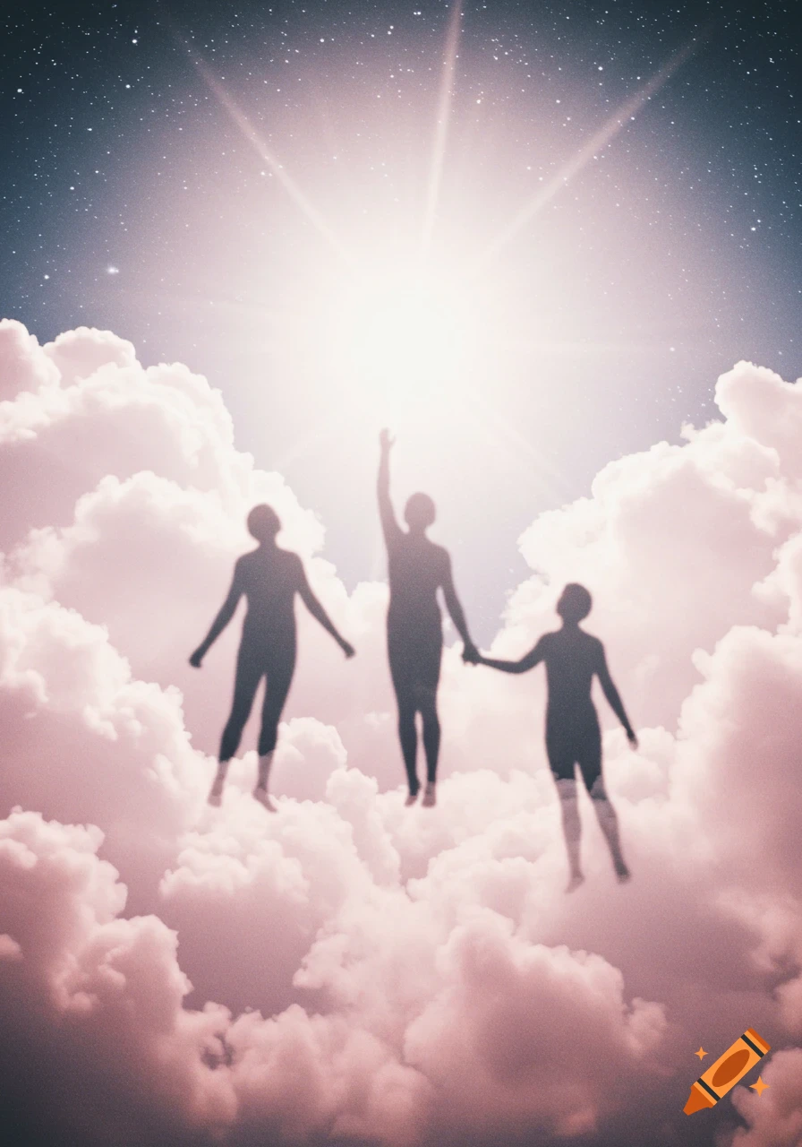 Silhouettes of three people floating through pink and white clouds towards a bright light in a starry night sky.